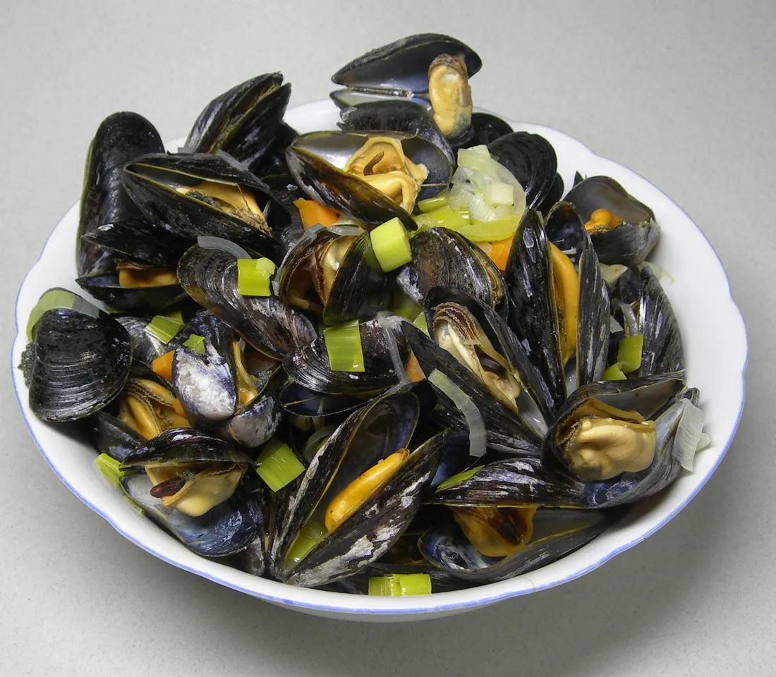 Schüssel mit gedünsteten Miesmuscheln, Lauch und Möhren